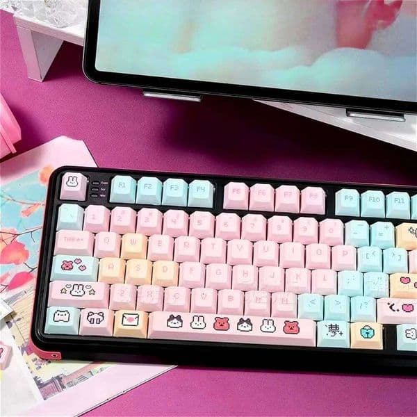 134 Key PBT Cute Cartoon Thermal Sublimation Cherry Contour Keycap Set Pixel Baby Pink for MX Mechanical Keyboard 25L1226