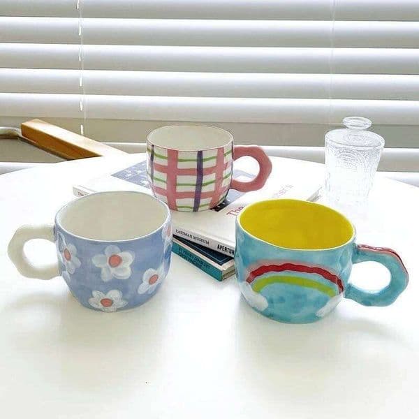 Espresso Coffee Cup Hand Drawing Underglaze Color Small Flower Rainbow Grid Ceramic Mug Breakfast Milk Tea Cups 25M1229