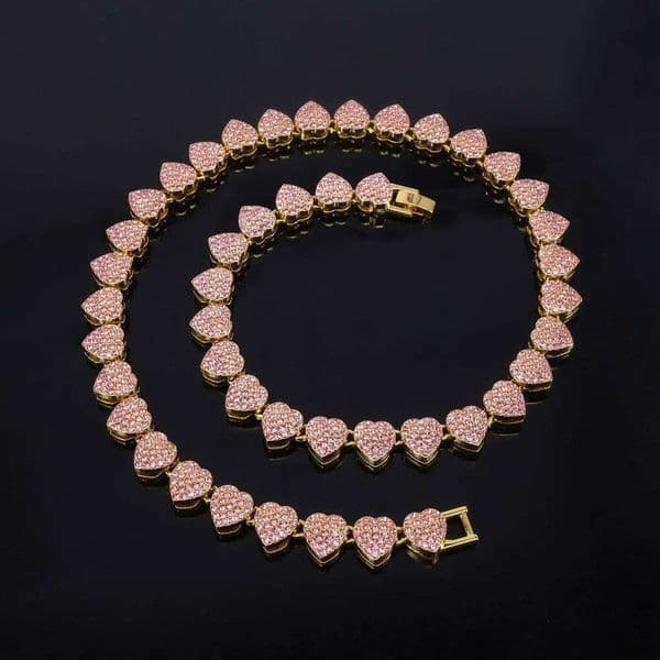 ZAKOL New 11mm Width Heart Hip Hop Bracelet Necklace Shiny Pink Clear Rhinestone CZ Street Rock Ornaments Jewelry for Women Men