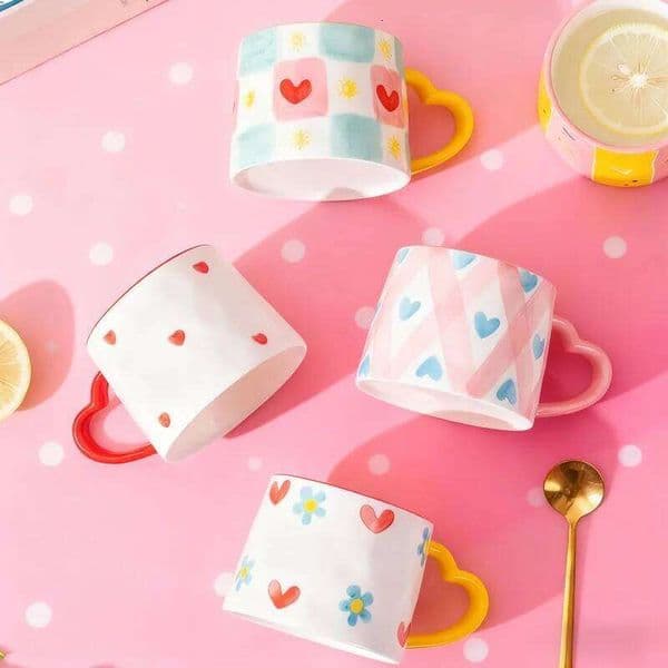Ceramic Mug Creative Cute Hand-Painted Love Heart Coffee Milk Oatmeal Breakfast Afternoon Tea Cup Valentine's Day Present 25H1229