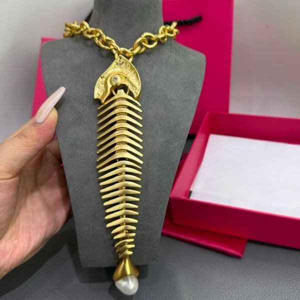Designer Fashion Women Luxury Necklace Jewelry 24k Yellow Gold Plated Fish Bone Pendant Necklaces Earrings For Friends Nice Gift