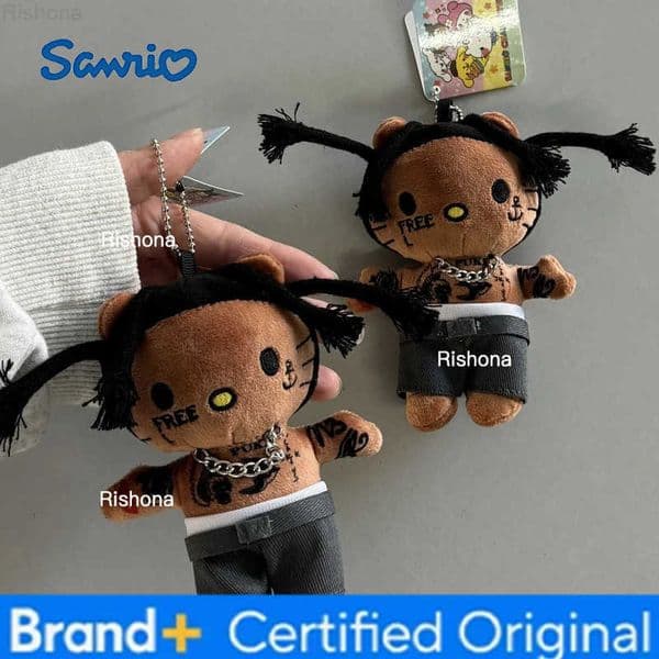 Sanrio Cute Trendy Black Skin Rap Singer Hello Kitty Plush Doll Keychain DIY Bag Pendant Hello Kitty Hot Girl Plush Doll Key Pendant H251229