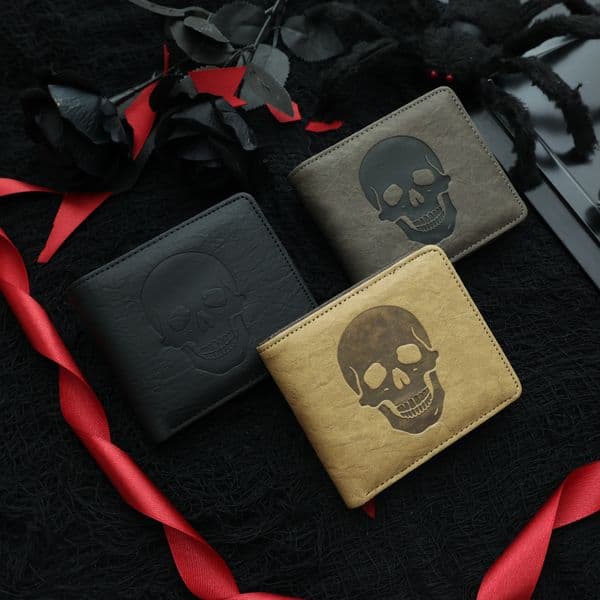 Wallets Retro Skull Pattern Bifold Wallet - Multi-Color Distressed Short Card Holder for Daily & Goth Use 208-28