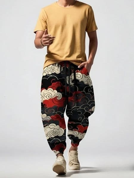 Mens Cloud Japanese Art Print Loose Drawstring Waist Sweatpants Fashion Oversized Harem Pants 2025 Sports Long Trousers 251218BANJIA