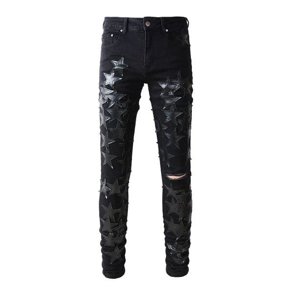 WOZK men's high street fashion brand pentagram patch men's jeans men's pants youth slim fit small feet