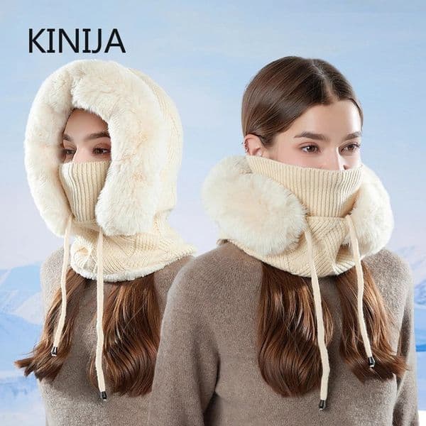 Winter Knitted Hat Ear Protection Balaclava Hat Fluffy Mask Neck Integrated Hooded Cap Outdoor Thickened Hat for Ski Cycling 251225