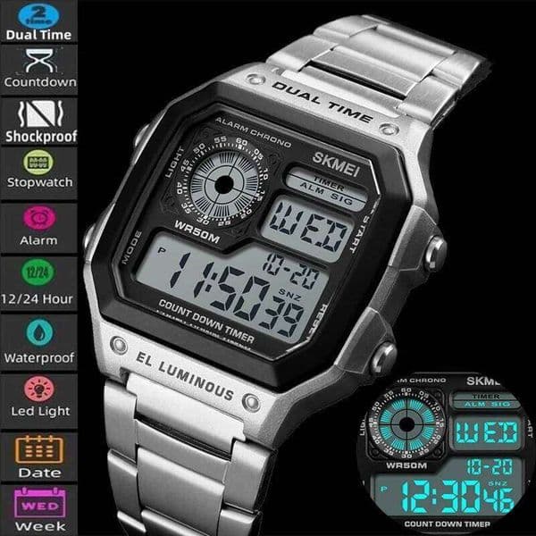 Skmei Dual Time Zone Men's Digital Sports Bracelet Watches Luxury Stainless Steel Band 50M Waterproof Led Chronograph Stop Watch 25M1230