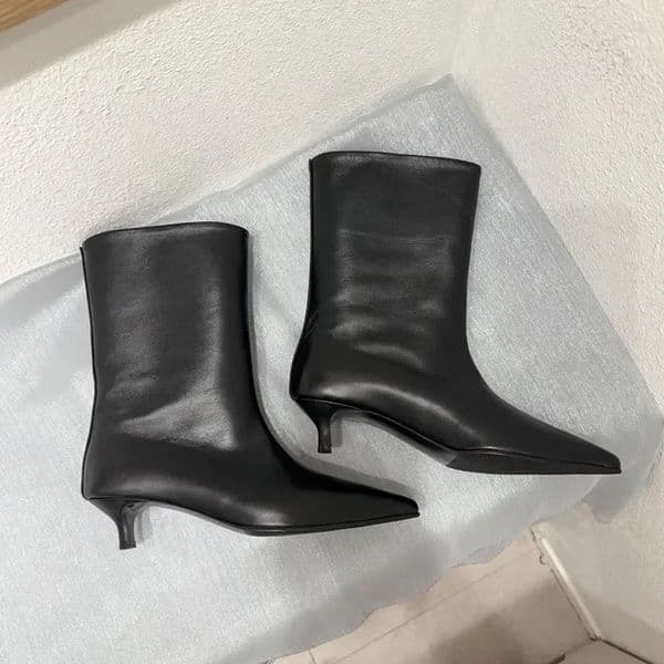 SEXY Black Pointed Toe Cat Heel Mid Women Soft Leather PU Low Heel Wide Mouth French Style Ankle Boots 251226