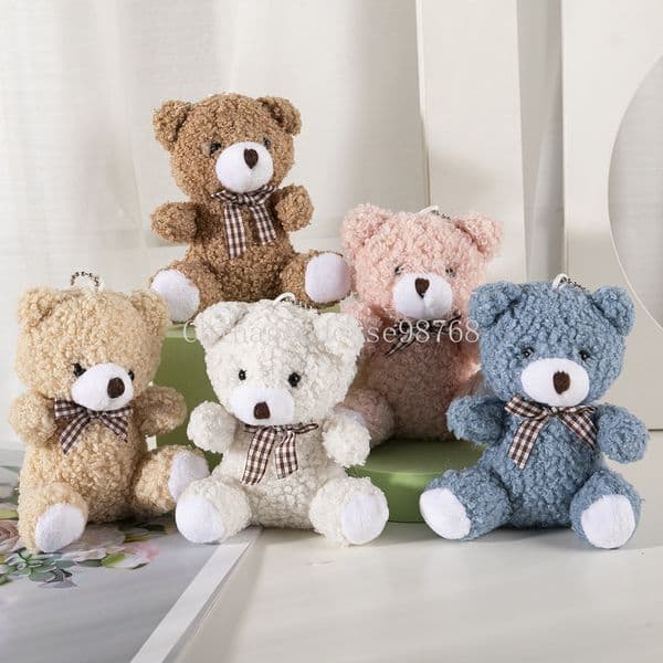 Cute 11cm Mini Sitting Plush Teddy Bear Doll Toy Cartoon Stuffed Soft Plush Plaid Necktie Birthday Party Decor Gifts