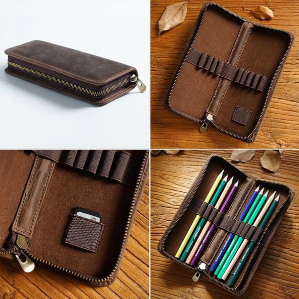 Multifunctional Pencilcase Leather Exterior and Cloth Lining with Pen Holder Organizer Metal Zipper Case Stationery 251210