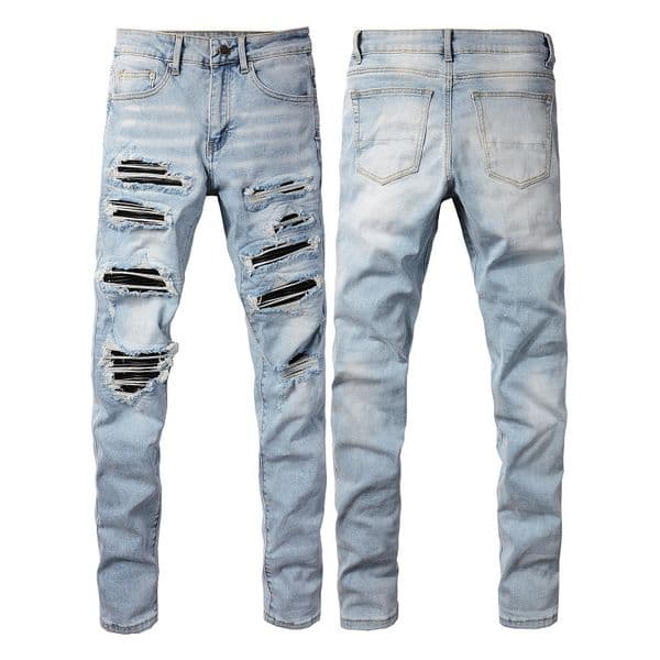 WOZK High Street Jeans Men's Patchwork Handmade Scratched Hole Jeans Slimming and Slimming Small Leg Jeans