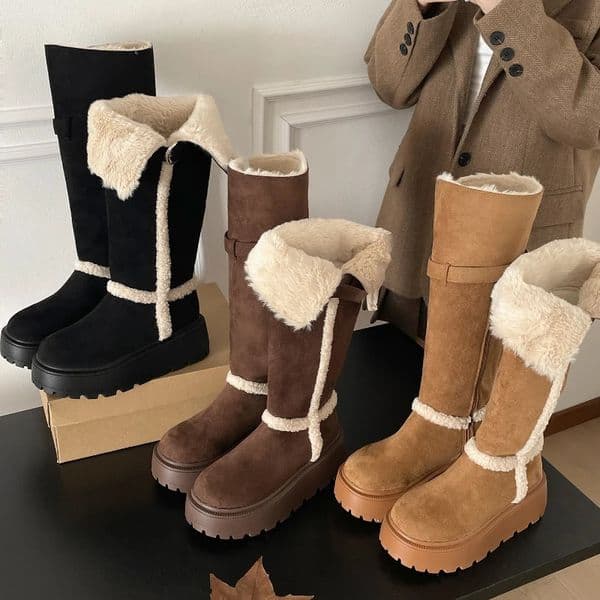 Winter Warm Cotton Women Fur Snow Boots Fashion Platform Thick Sole Shoes Female Vintage Knight Long Booties Zapatos De Muje 251225