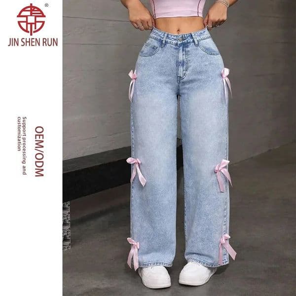 Washed Loose Butterfly Knot Street Style Jeans High Waist Wide Leg Long Pants Female Fashion High Street Clothing 251231