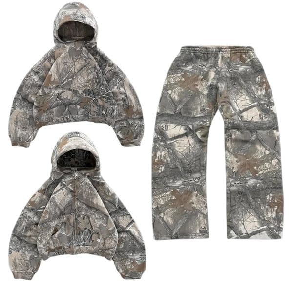 Camouflage Leaf Hoodie Sweatshirt Two Piece Set Men Tactical Camouflage Leaf Oversized Sweatshirt Elastic Waist Casual Pants Set 251226