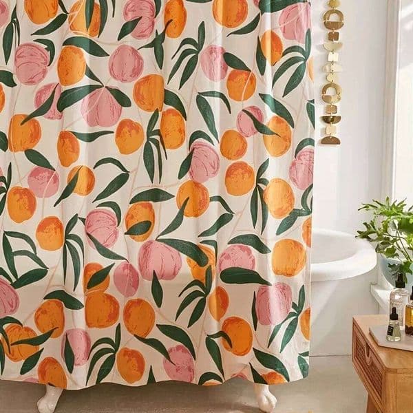 Decorate your bathroom this vibrant orange shower curtain with hooks! 25T1231
