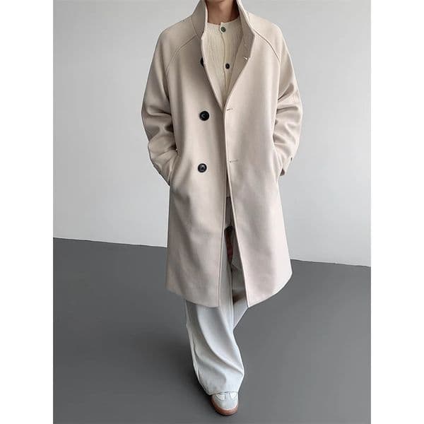 2025 Autumn Winter Mens Wool Trench Coat Mid Length Stand Collar Solid Color Windproof Warm Two Button Outerwear 251216
