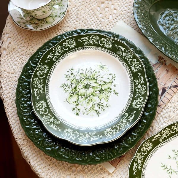 French Court Classical Retro Garden European Ceramic Dinner Tableware Western Round Soup Bowl Plate Cup Saucer B5