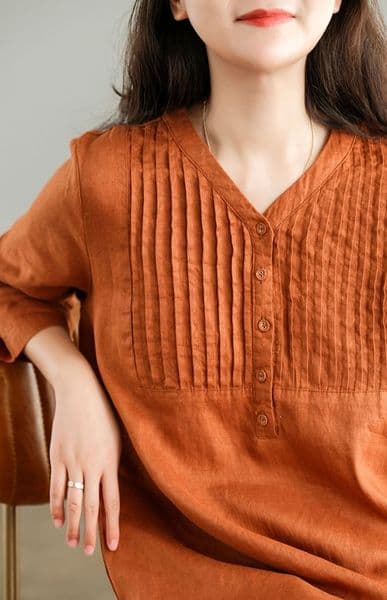 (881) Linen Five-point Sleeves Fashionable and Age-reducing Dress Female Casual Retro Accordion Pleated V-neck Knee-length Skirt