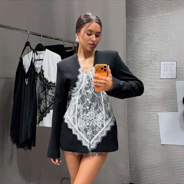 Fashion Workplace Style Deep V Neck Lace Patchwork Color Block Blazer Regular Shoulder Waist Cinching Sexy Long Sleeve Women S Luxury Clothing