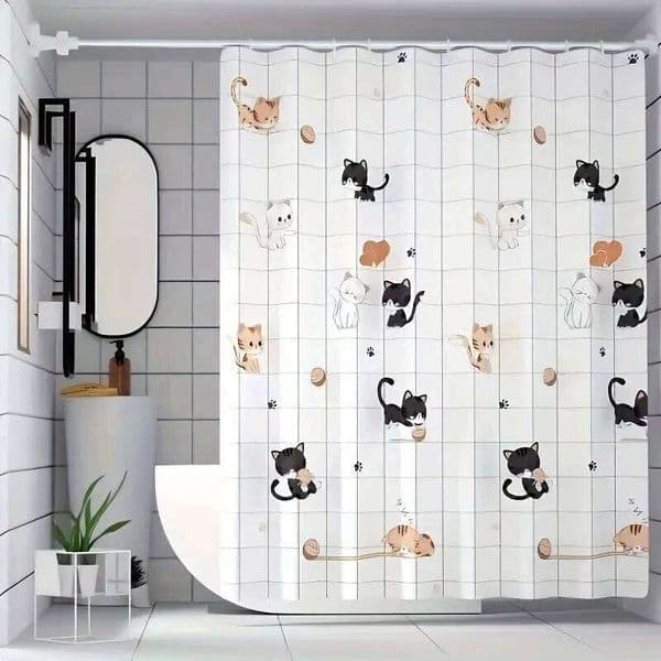 Simple cartoon naughty cat Bathroom shower curtain easy to clean and scrub PEVA waterproof material light opaque 25T1231