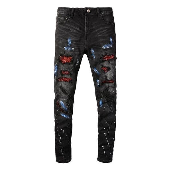 WOZK trendy brand men's casual versatile high street graffiti jeans men's ripped hole inlaid diamond patch slim fit men's pants designer