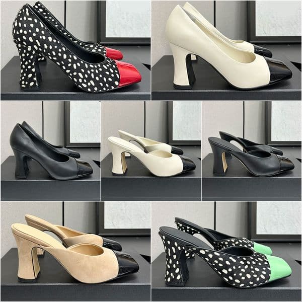High heels designer shoes designer heels pumps luxury slides mules genuine leather horsehair mule dress shoes dot square cap tos womens sliders chunky heels slipper