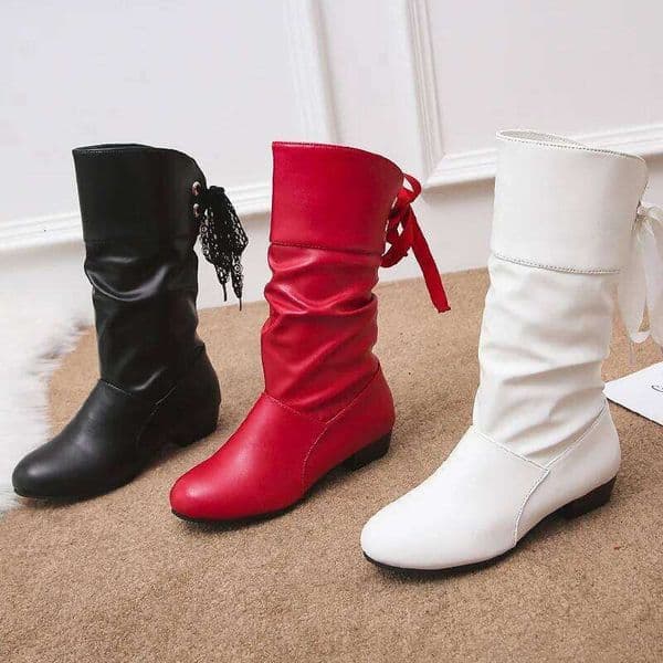 Women's Modern Autumn Casual Back Lace-Up Mid-calf Boots Fashion Pleated Pu Leather Low Heel Botas Woman Large Size Shoes XJ251231