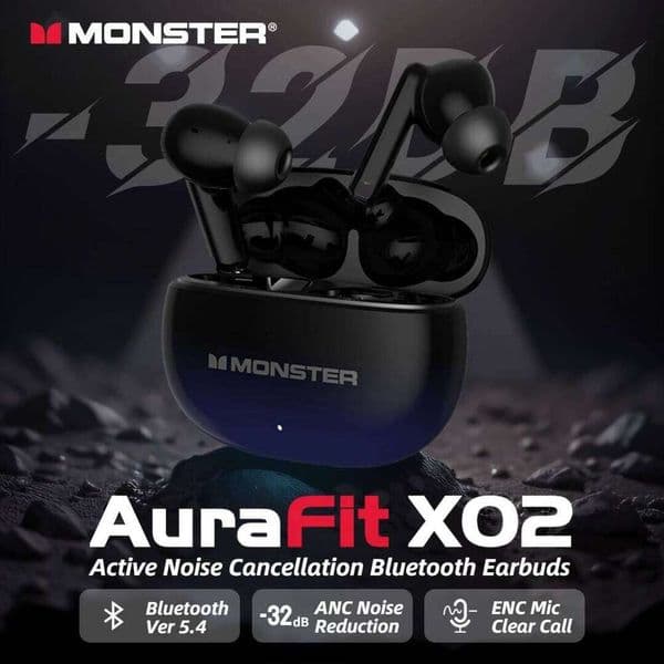 Monster Aurafit Xt02 ANC Earphone -32Db Active Noise Canceling Earbuds Hi-Fi Stereo Wireless Bluetooth 5.4 Headphone