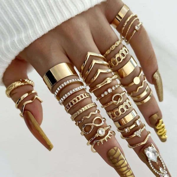 30pcs Luxury Trend Gold Color Geometric 8-shaped Zircon Imitation Pearl Rings for Women Finger Multi-piece Set Charm Jewelry XJ251231