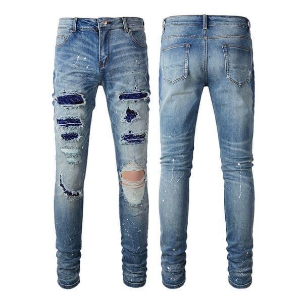 WOZK trendy brand men's casual versatile high street graffiti jeans men's ripped hole inlaid diamond patch slim fit men's pants designer work warm