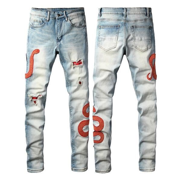 WOZK High Street Retro Jeans Men's Pants Embroidered Snake Slimming Small Foot Men's Fashion Brand Pants