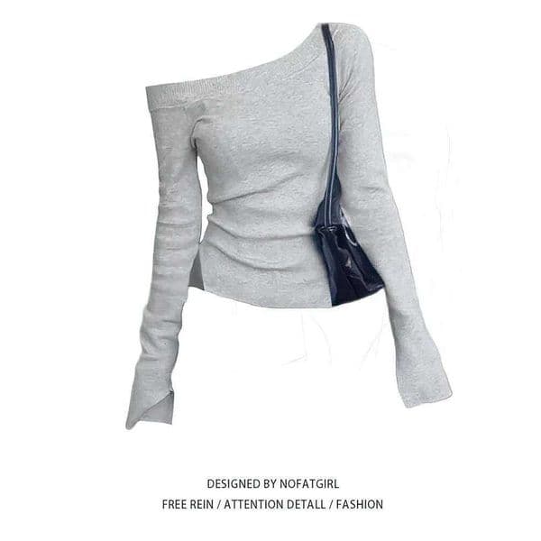 Off Long sleeve T shirt Women One shoulder Fitted Basic Plain Tee Shirt Lady Split Casual Top Spring Autumn Winter