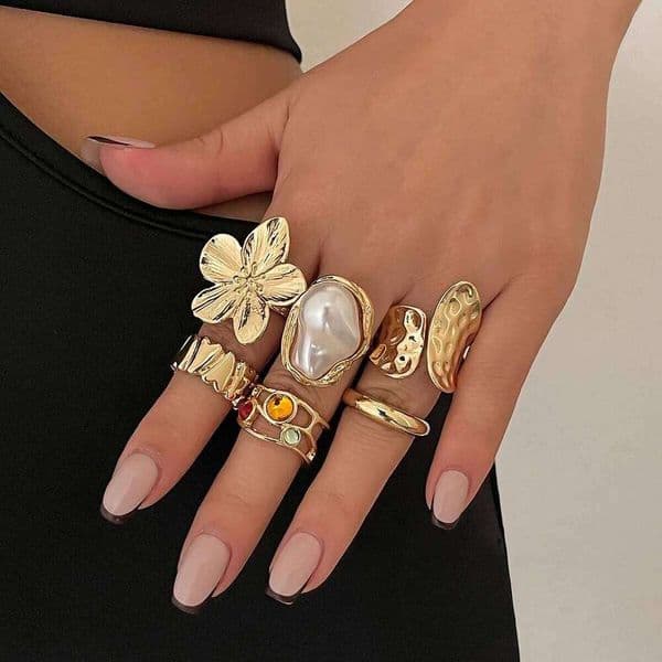 New Unique Design Liquid State Lava Flower Open Mouth for Wonen Baroque Pearl Combination Ring Six-Piece Rings Set Jewelry XJ251231