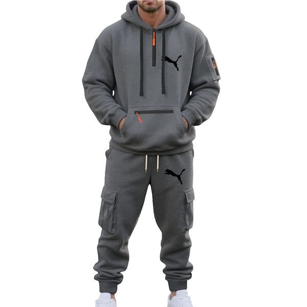 Men's Fleece Print Hooded Half-Zip Sweatshirt And Loose Sport Pants Set Casual Autumn/Winter Multi-Pocket Fashion Track Suit