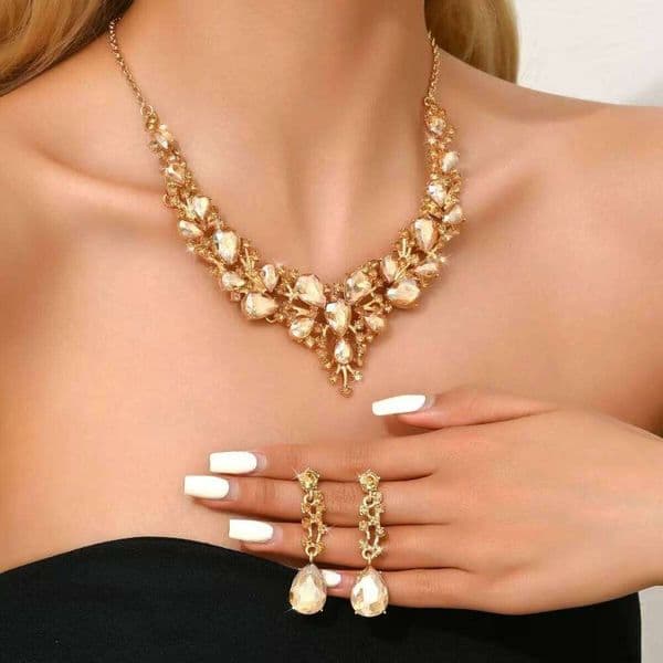 CC Champagne Necklace Sets for Women Drop Earring 2PCS Set Engagement Wedding Party Accessories Luxury Jewelry C1022