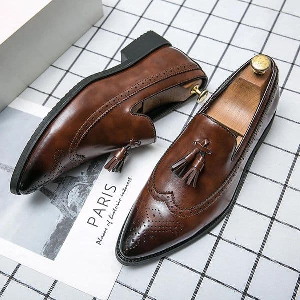 Dress Shoes Brown Pointed Toe Tassel Loafers Man Leather Big Size 38-48 Flat Office Comfortable Slip-On Men's Formal