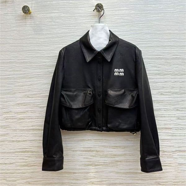 Letter Long Sleeve Pocket Jacket Luxury High Fashion Jacket Designer Ladies Leather Jacket High Quality Ladies Short Leather Jacket Asian Size S-l