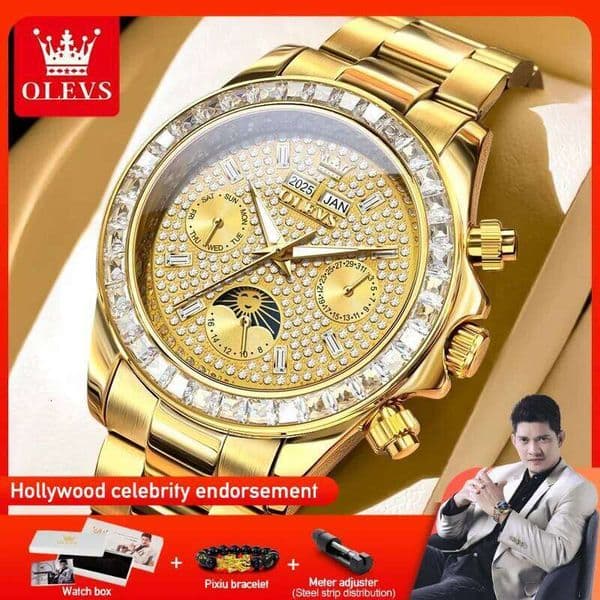 OLEVS 7038 Mens Original Automatic Mechanical Dia Dial Watches For Men Moon Phase Dual Calendar Watch