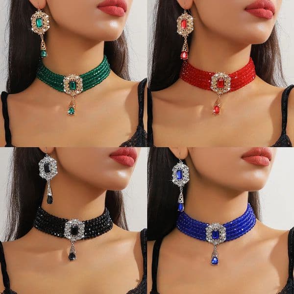 FYUAN Multilayer Green Red Blue Black Crystal Necklace Geometric Hollow Alloy Earrings For Women Weddings Banquet Jewelry Sets 250626