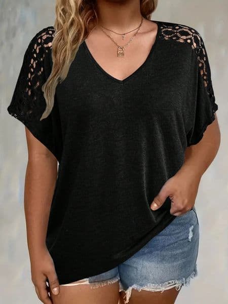 A ploussize womens Tshirt with loose perforated lace and solid Vneck short sleeves 250624BANJIA