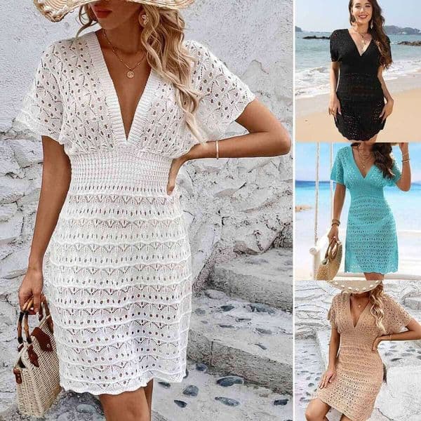 New Deep V-Neck Wave Pattern Hollow Out Dress Beach Cover-Up B5