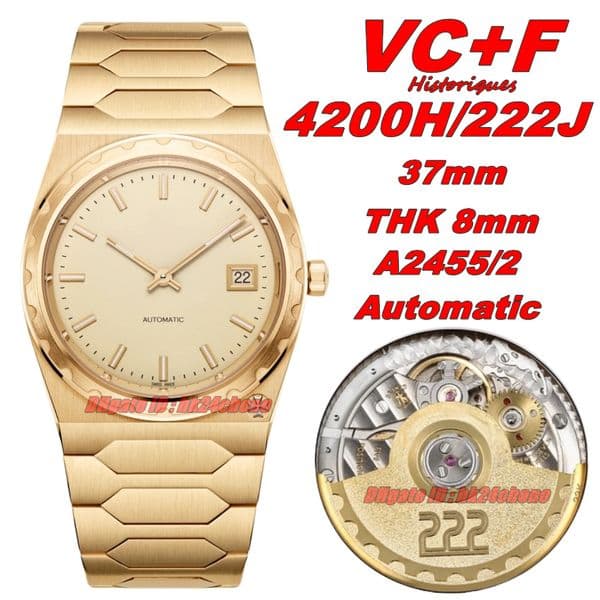 VC+F Luxury Watches 37mm Historiques 222 Cal.2455/2 Automatic Mens Watch Yellow Dial Yellow Gold Bracelet Gents Wristwatches 4200H/222J-B935