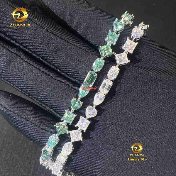 New Arrivals Bulk Stock 925 Sterling Silver Iced Out Hip Hop Jewelry Fancy Cut Blue Green Moissanite Cluster Tennis Bracelet