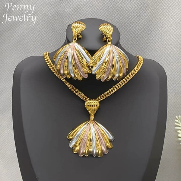 Unique Shell Shape 18K Gold Plated Jewelry Set for Women Colorful Necklace Earrings Jewellery African Bridal Party Wedding Gifts 250626