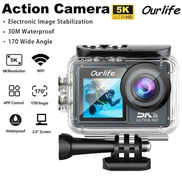 Ourlife Mtr40 5K Action 4K60fps 2.0 IPS Touch Screen Wifi 170° 30M Waterproof 5X Zoom Professional Helmet Sports Camera