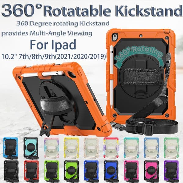 Hand Strap Tablet Case For iPad 10.2 inch 8th 7th 9th Gen 360 Rotation Kickstand Cover With Pencil Slot Heavy Duty Hybrid Silicon + PC Rugged Shockproof Kids Safe Cases