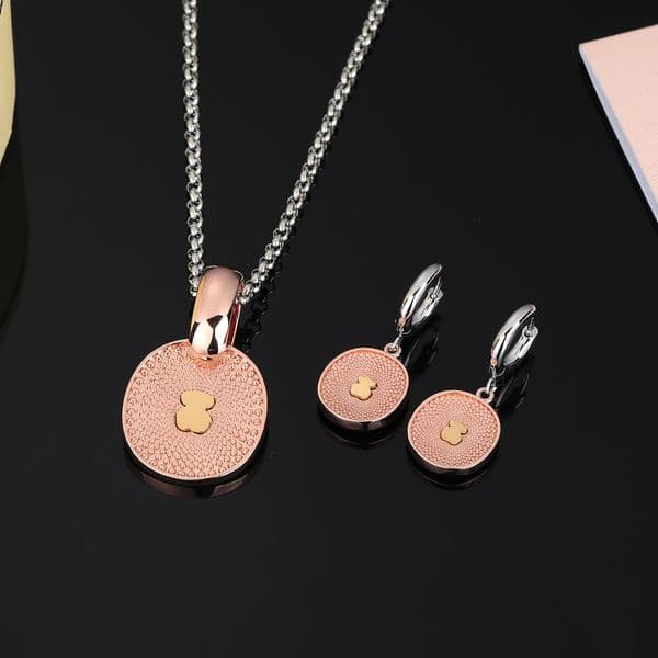 New Fashion Women Men Silver Gold Stainless Steel Bear Cartoon Round Black Pink Blue Oil Pendant Necklace Stud Earrings Sets Jewelry