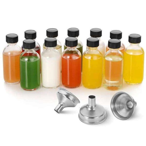 1K 2 Oz Small Clear Glass Bottles 60Ml Boston Round Sample For Water Juice Oils Whiskey Leakproof Travel Size Bottle