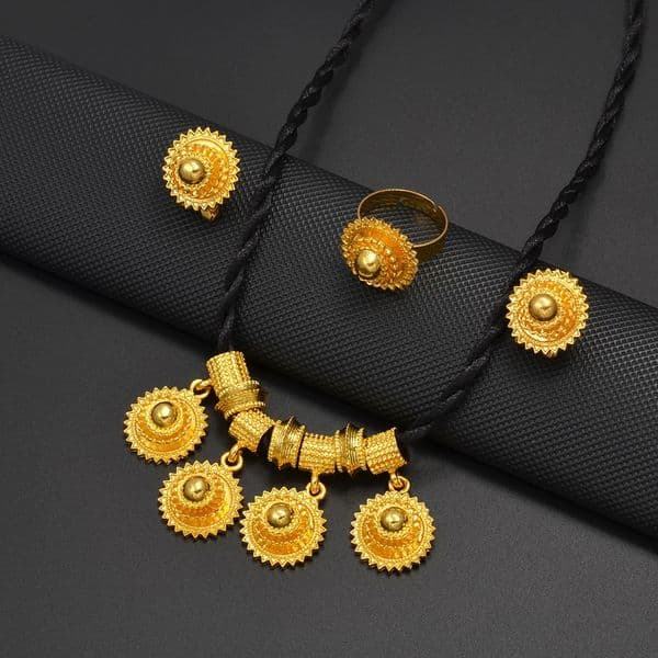 Anniyo Ethiopian Jewelry Sets Black Rope Earrings Rings African Ethnic Eritrean Habesha Engaged Accessories #195716 250626