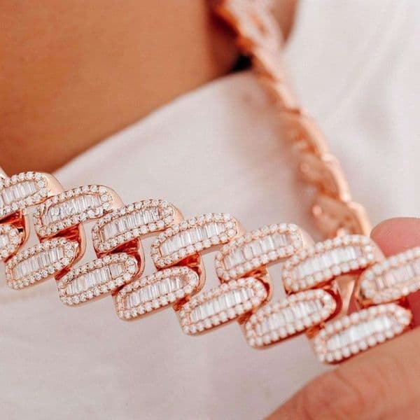 925 Sterling Silver Mens Cuban Chain with Round Baguette Cut Moissanite VVS Clarity Rose Gold Custom Design for Weddings Gift